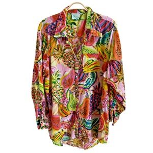 True Destinations Womens Multicolor Fruits Print Long Sleeve Button Up Tunic XL